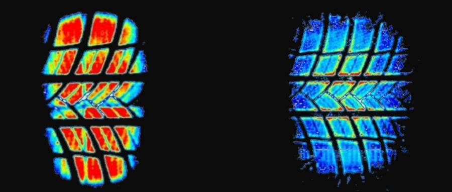 Der Druckverteilungstest der Flexigel Tyre Care Reifenschoner. Zu sehen ist ein deutlicher Unterschied.