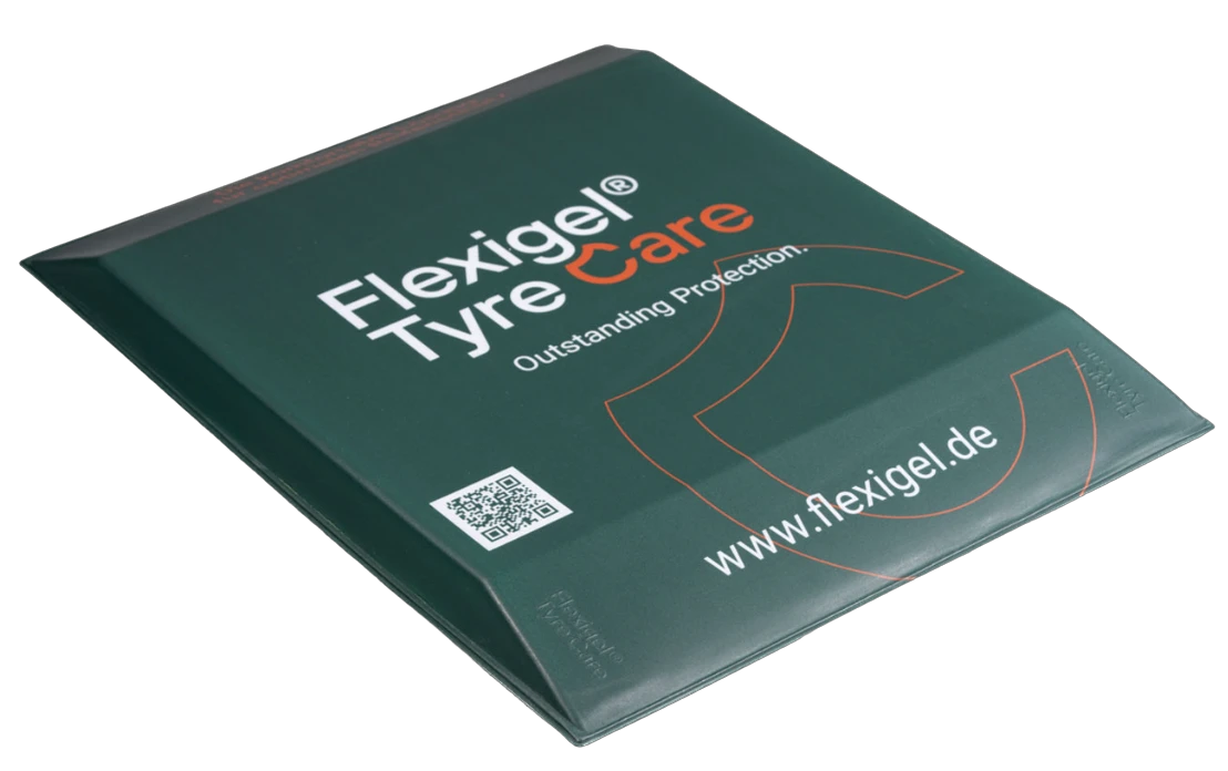 Flexigel® Tyre Care original Reifenschoner in grün mit dem Flexigel® Logo und der Website URL.