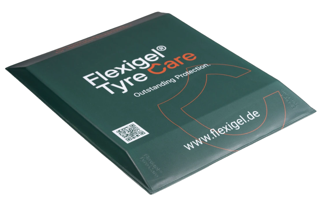 Flexigel® Tyre Care original Reifenschoner in grün mit dem Flexigel® Logo und der Website URL. 